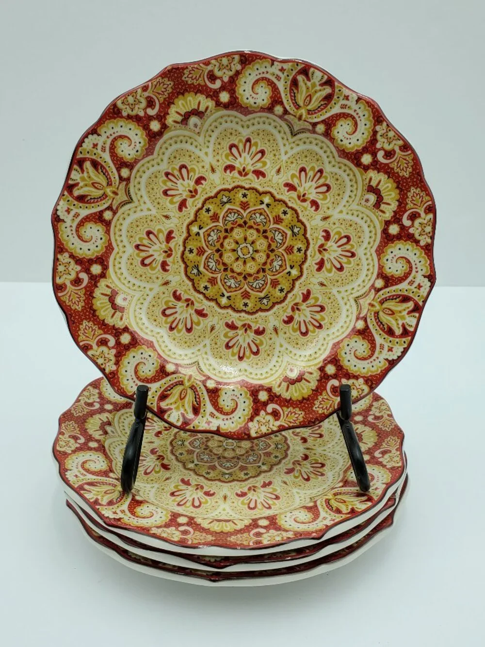 222 Fifth Lyria Saffron Appetizer Plates Paisley Floral Gold Red Dessert Plates